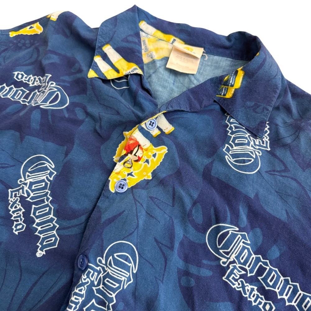 Corona‎ Extra Mens XL Blue 100% Rayon Tropical Beer Parrot Hawaiian Camp Shirt
